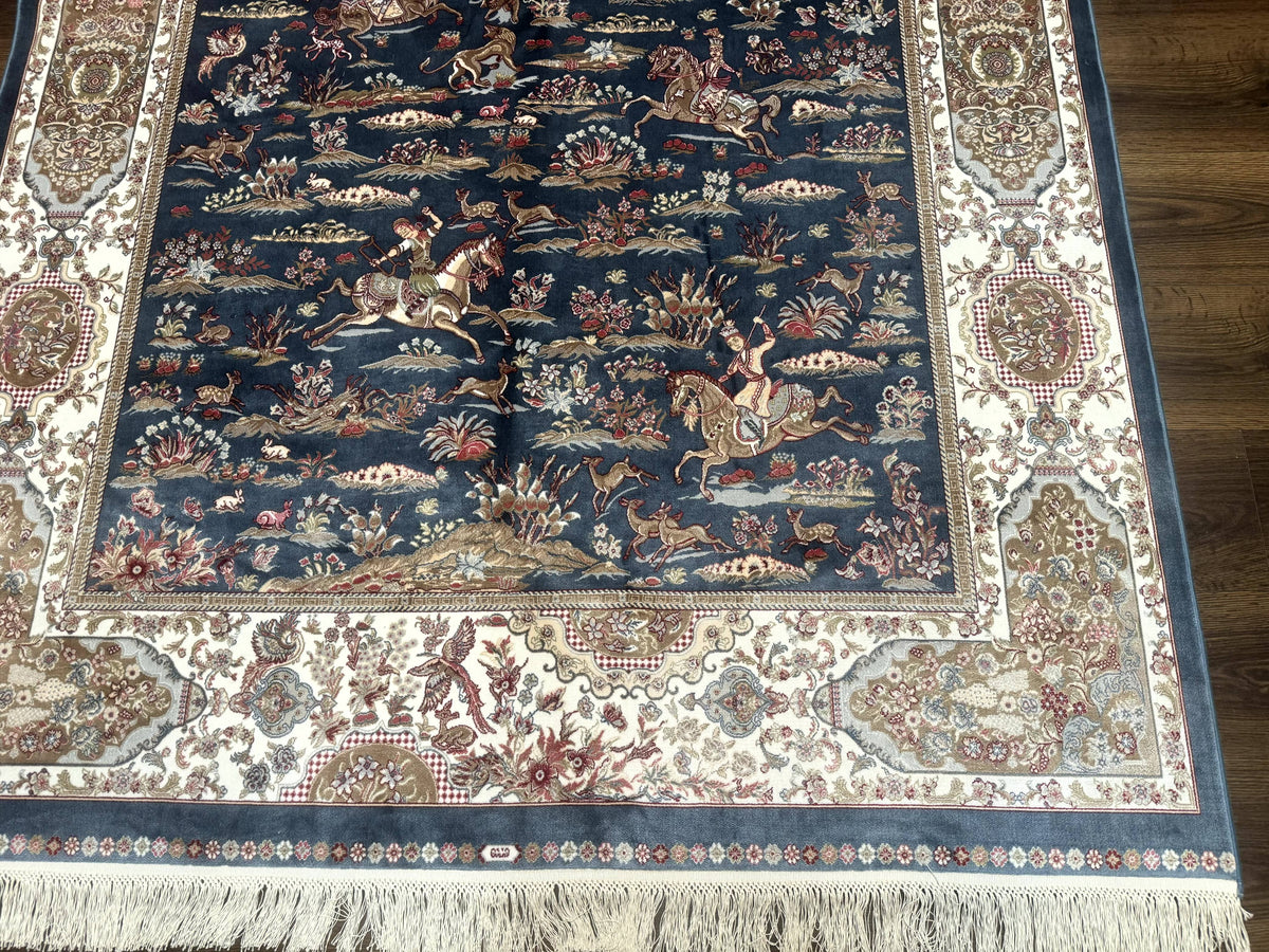 Turkish Silk Rug 5x8, Hunting Design, Animal Pictorials, Steel Blue & Ivory, Bamboo Silk - Jewel Rugs, view 8