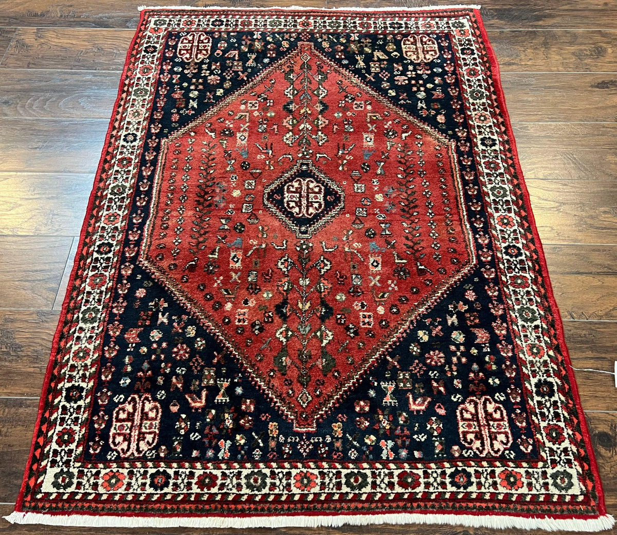 Persian Tribal Rug 3.6 x 5 ft, Persian Abadeh Rug, Geometric Medallion Bird Motifs, Red and Navy Blue Hand Knotted Handmade Wool Vintage Oriental Carpet - Jewel Rugs, view 10