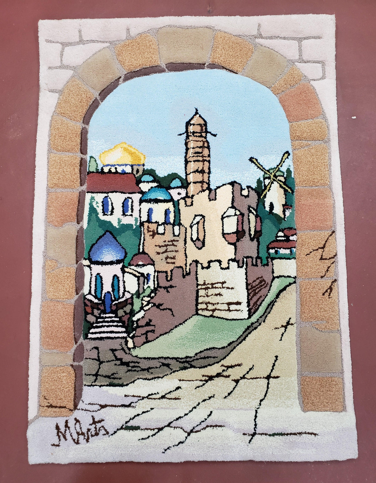 Small Judaica Rug, Rug with Jerusalem Pictorial, Chanuka Gift, Hand-Tufted, Jerusalem Gate, Vintage Judaica, Western Wall Rug, 3x4 Rug - Jewel Rugs, view 2