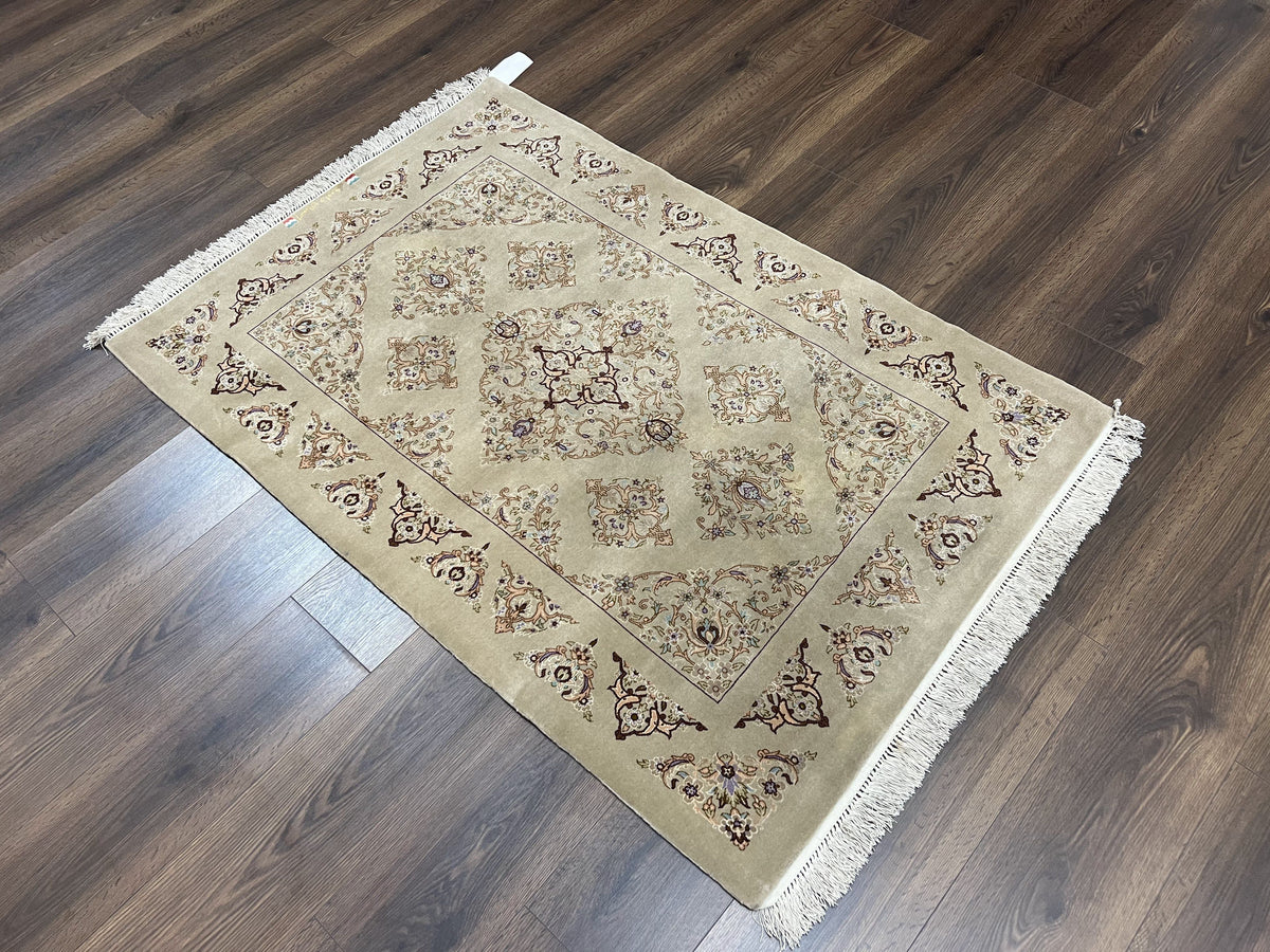 Very Fine Persian Isfahan Rug 3x5 ft with Signature, Kork Wool on Silk Foundation, Gray-Taupe Vintage Hand Knotted Oriental Carpet, 60 Raj 460 KPSI - Jewel Rugs, view 2