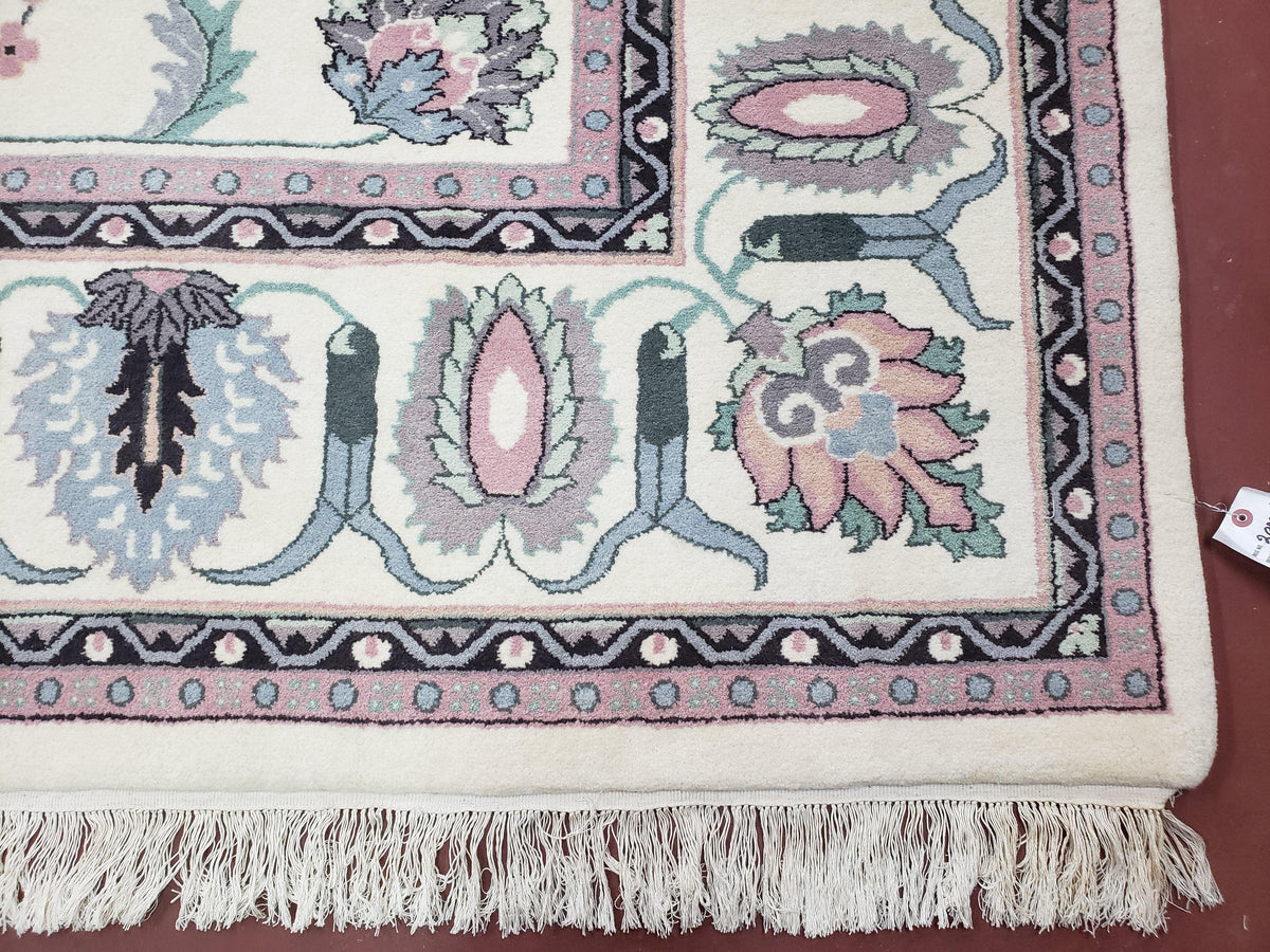 Ivory & Teal Indo Persian Area Rug 9x12, Wool Hand-Knotted Oriental Carpet, 9 x 12 Soft Traditional Living Room Rug, Dining Room Rug - Jewel Rugs, view 9
