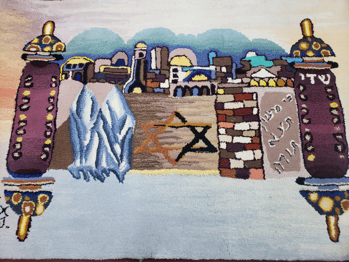 Vintage Judaica Pictorial Rug 3x5, Wool Hand-Tufted Israeli Signed Rug, Jerusalem Rug, Star of David Torah Scroll Verses, Chanuka Gift - Jewel Rugs, view 3