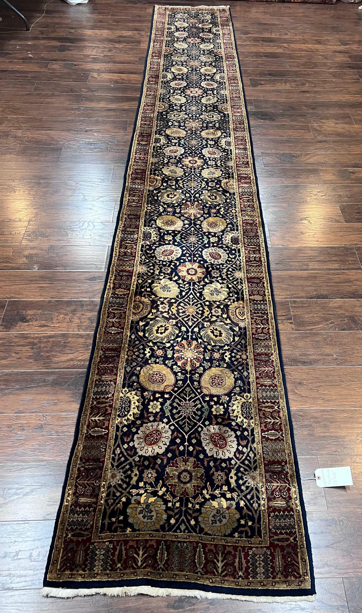 Indo Persian Runner 2.8 x 18, Long Skinny Hallway Wool Runner Rug, Hand Knotted Vintage Floral Allover Traditional Runner Dark Blue Burgundy - Jewel Rugs