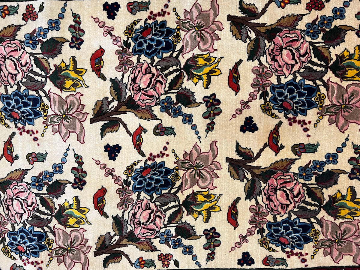 Persian Bidjar Rug 3.6 x 5 ft, Repeated Floral Motifs, Roses and Birds, Cream Burgundy, Fine Wool Oriental Bijar Carpet, Vintage Traditional Area Rug - Jewel Rugs, view 5