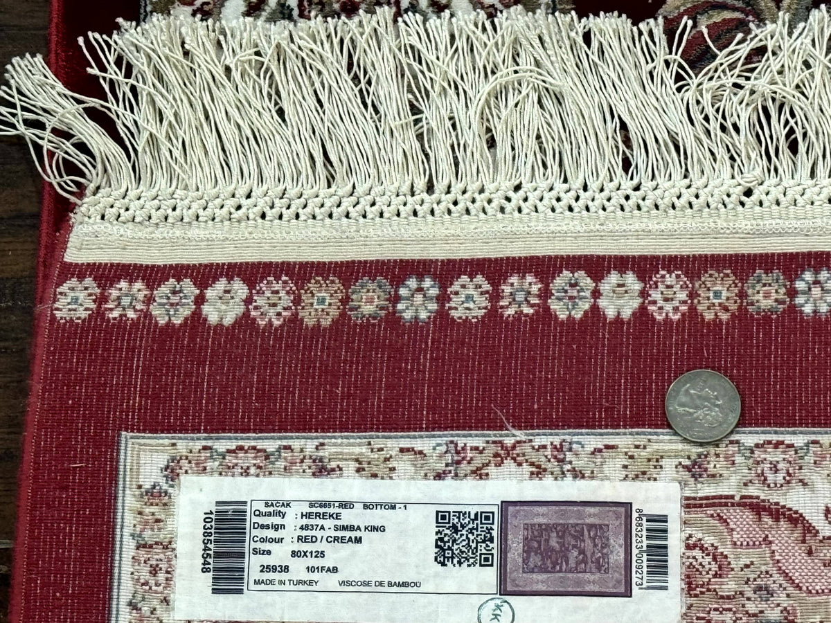 Dark Red Turkish Silk Rug 2.6 x 4, Hunting Design Scene, Bamboo Silk - Jewel Rugs, view 11