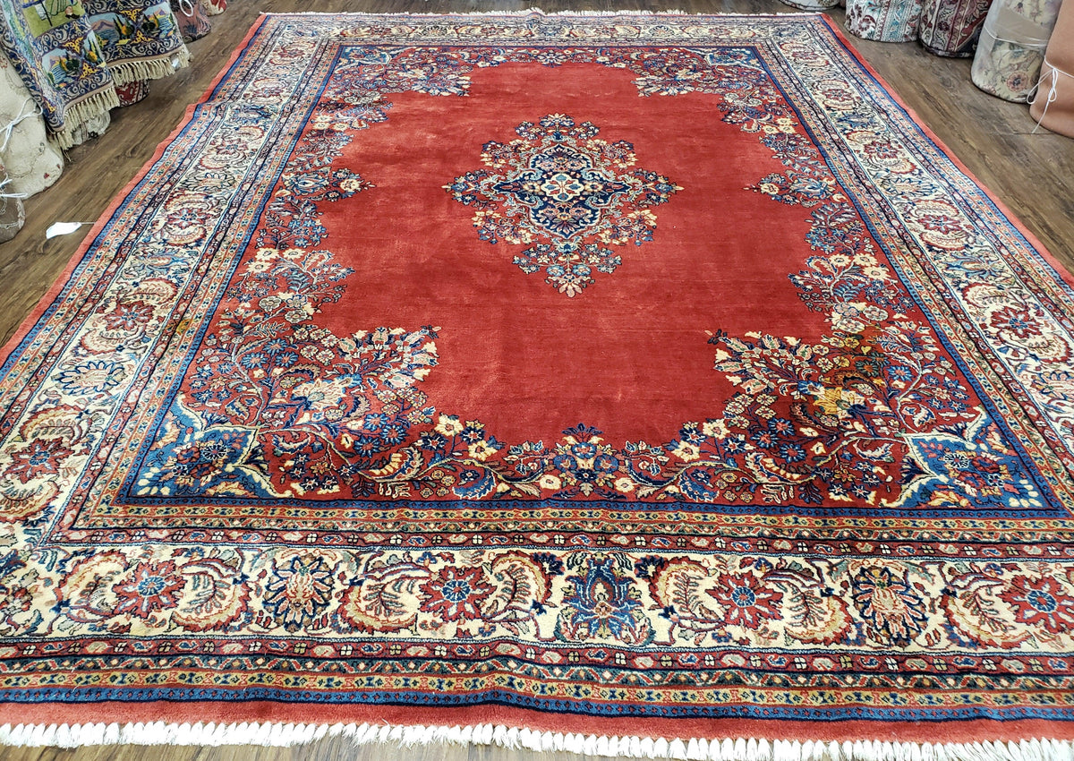 Semi Antique Persian Sarouk Rug 9x12,  Semi Open Field with Central Medallion, Hand Knotted Wool, Tomato Red, 9 x 12 Authentic Oriental Carpet - Jewel Rugs, view 2