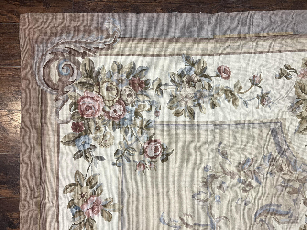 Aubusson Needlepoint Rug 9x12, VIntage Handmade Wool Beige Floral European Elegant Rug 9 x 12, Floral Roses - Jewel Rugs, view 7