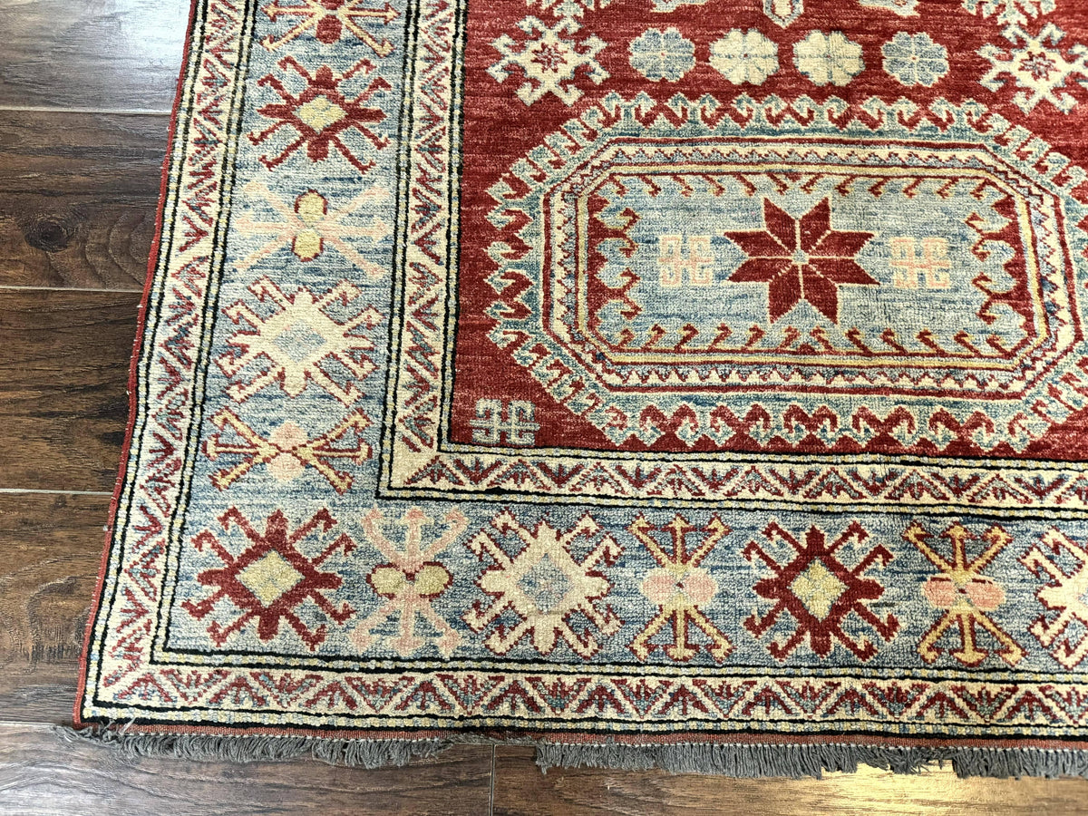 Turkish Kazak Rug 4x6, Handmade Vintage Wool Carpet, Geometric Design, Red and Light Blue - Jewel Rugs, view 9