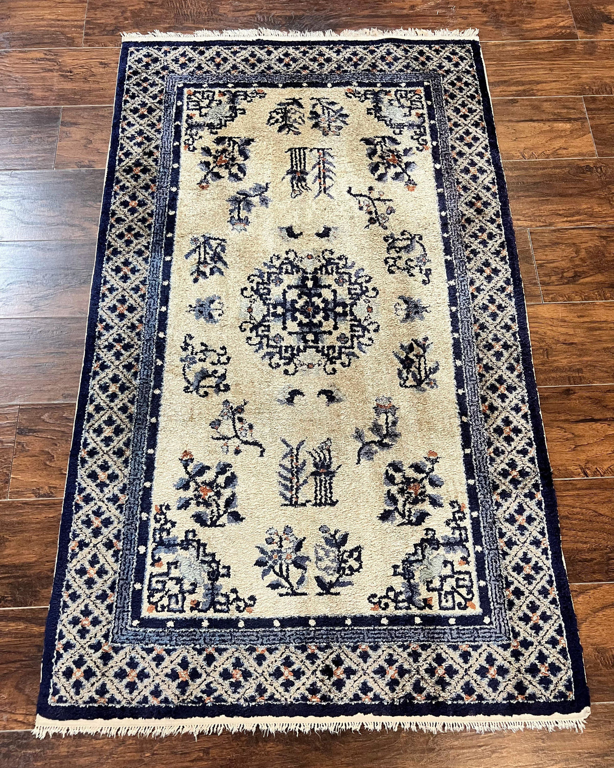 Silk Chinese Rug 3x5, Vintage Handmade Peking Carpet, Asian Oriental Art Deco Rug - Jewel Rugs, view 13