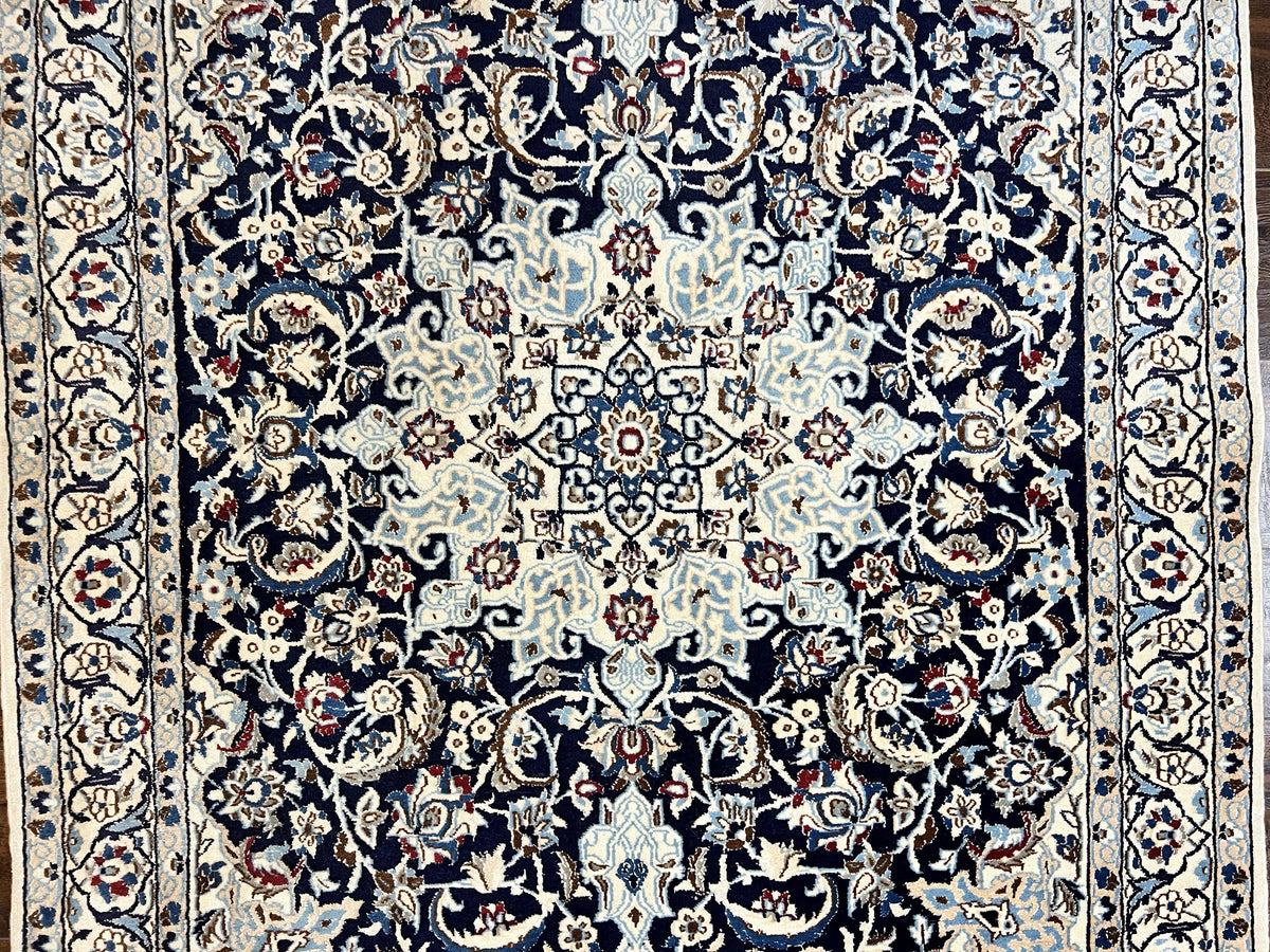 Persian Nain Rug 4x6, Floral, Hand Knotted Vintage Wool & Silk Highlights, Signature from Masterweaver, Navy Blue and Ivory - Jewel Rugs, view 5