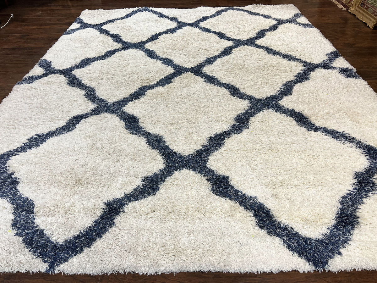 Modern Shag Rug 9x12, Ivory and Dark Blue, Diamond Pattern, Soft, Room Sized, Contemporary Rug, Plush - Jewel Rugs, view 2