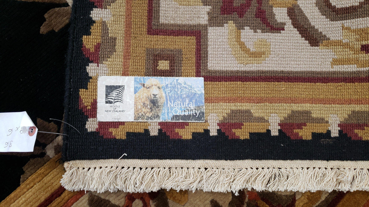 Nepal Rug 6x9, Nepalese Aubusson Area Rug 6 x 9, Hand-Knotted Wool Soft Pile Black & Beige Tibetan Aubusson New Carpet European Savonnerie - Jewel Rugs, view 11