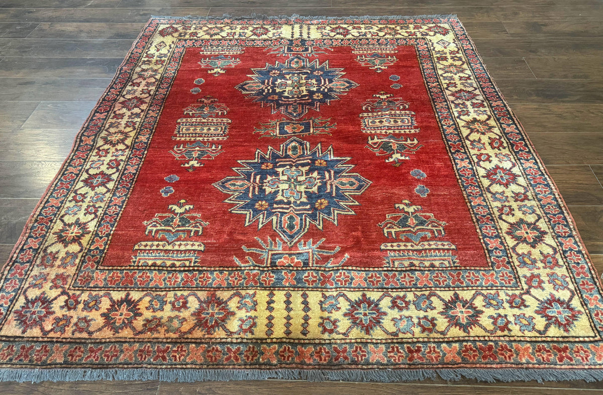 Square Turkish Rug 6x6, Azerbaijani Azeri Turkish Armenian Rug, Red Tan Blue, Geometric, Wool Carpet - Jewel Rugs, view 2