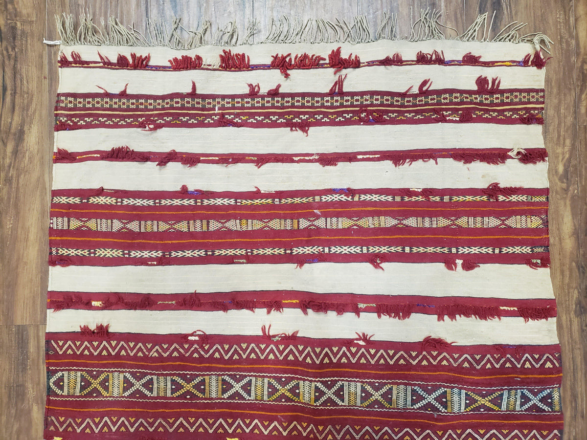Antique Turkoman Yamud Rug 3x5 ft, 1920s Turkmen Sofreh Table Cover, Bohemian Rug, Tribal Collectible, Striped Rug, Handmade Ivory and Red - Jewel Rugs, view 4