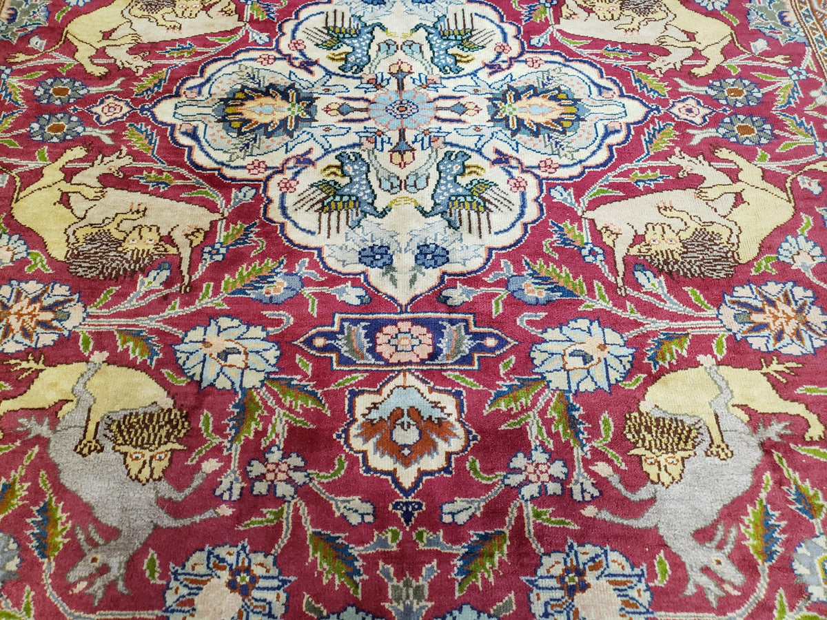 Antique Turkish Sivas Area Rug 8x11, Hand-Knotted, Vintage Red Wool Carpet, Gazelles Lions, Boteh Border, 8' x 11' Top Quality Oriental Rug - Jewel Rugs, view 13