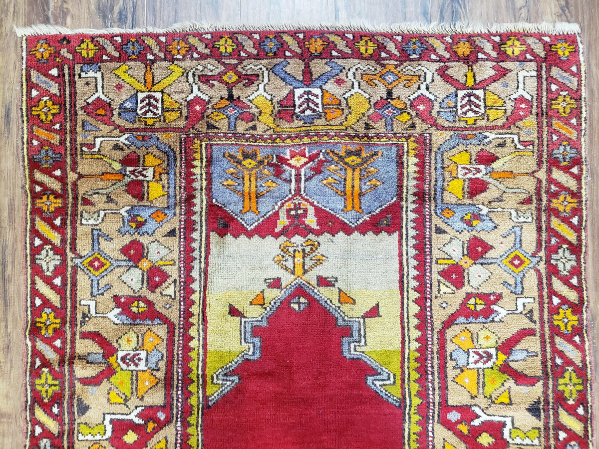Antique Turkish Prayer Rug 3.8 x 5ft, Colorful Prayer Rug, Red Blue Gold Multicolor Turkish Anatolian Carpet, Handmade Hand-Knotted, Wool - Jewel Rugs, view 4