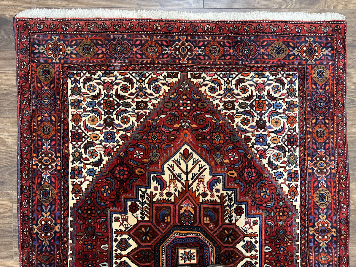 Fine Persian Bidjar Rug 3x5, Geometric Medallion Oriental Bijar Carpet 3 x 5 ft, Ruby Red and Cream, Hand Knotted Wool Rug, Semi Antique Tribal Rug, Nice - Jewel Rugs, view 4