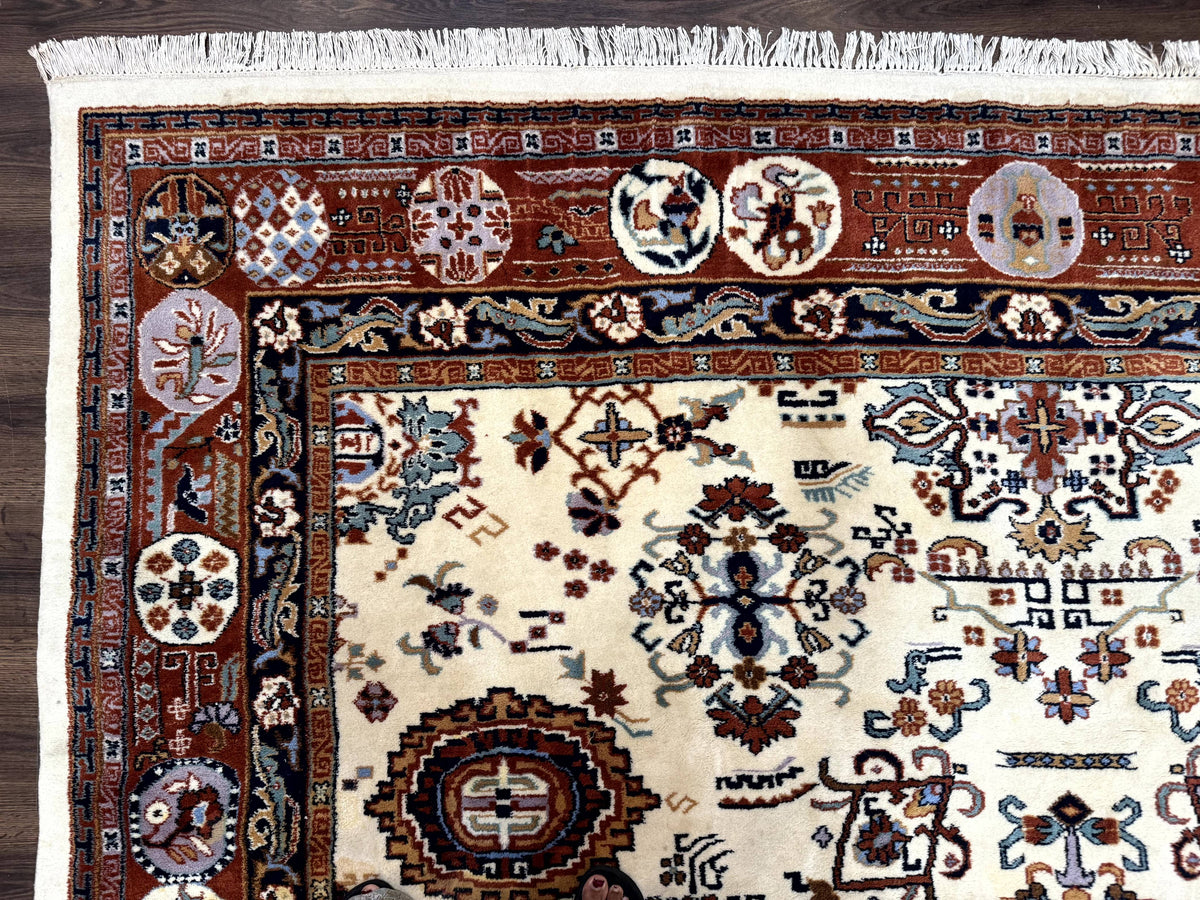 Indo Chinese Wool Rug 9x12, Ivory and Rust Red, Dragon Motifs - Jewel Rugs, view 7