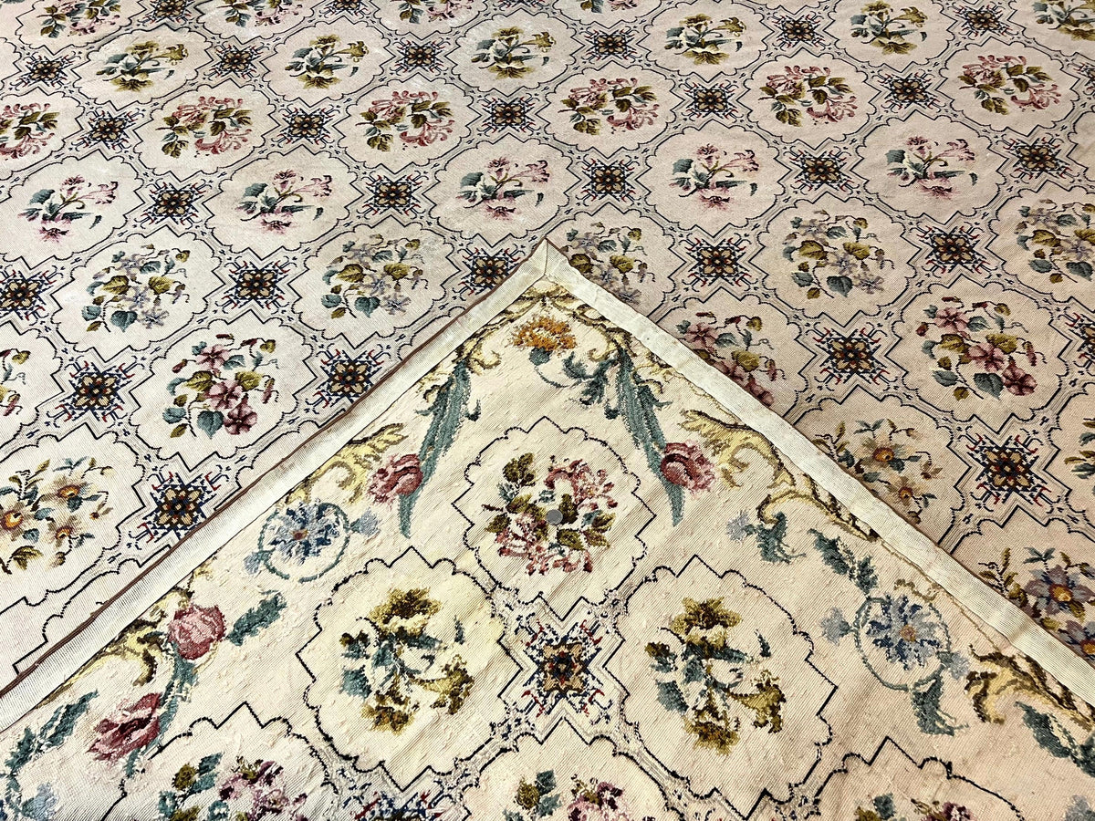Needlepoint Rug 10x14, Wool Handmade Vintage Needlepoint Carpet, Floral Panel Design, Ivory/Cream - Jewel Rugs, view 11