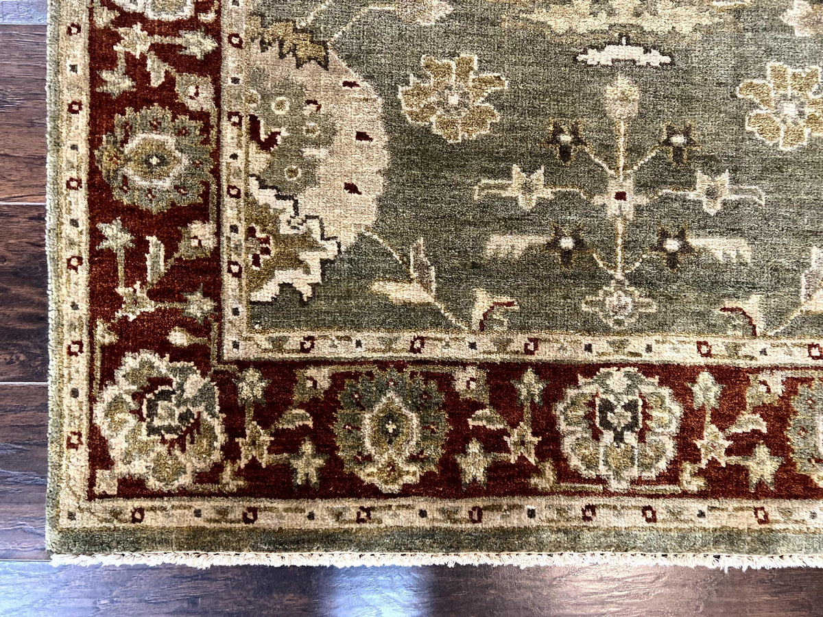 Indo Oushak Rug 4x6, Green and Maroon, Vintage Wool Floral Rug, Indian Agra Rug - Jewel Rugs, view 9