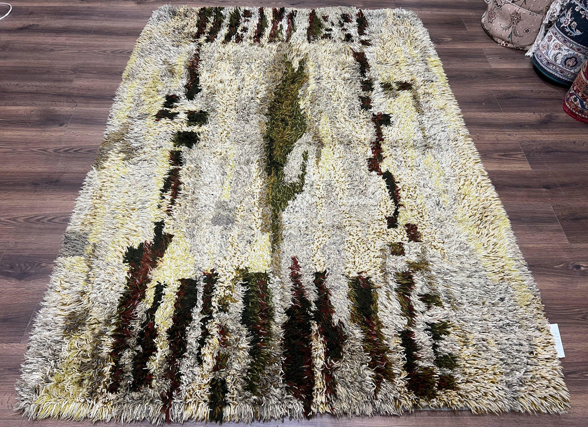 Swedish Rya Shag Rug 5x8, Multicolor Abstract Mid Century Vintage Retro Shag Rug, Soft Fluffy High Pile, Cream Gray Greens, 5 x 8 Shag Rug - Jewel Rugs, view 2
