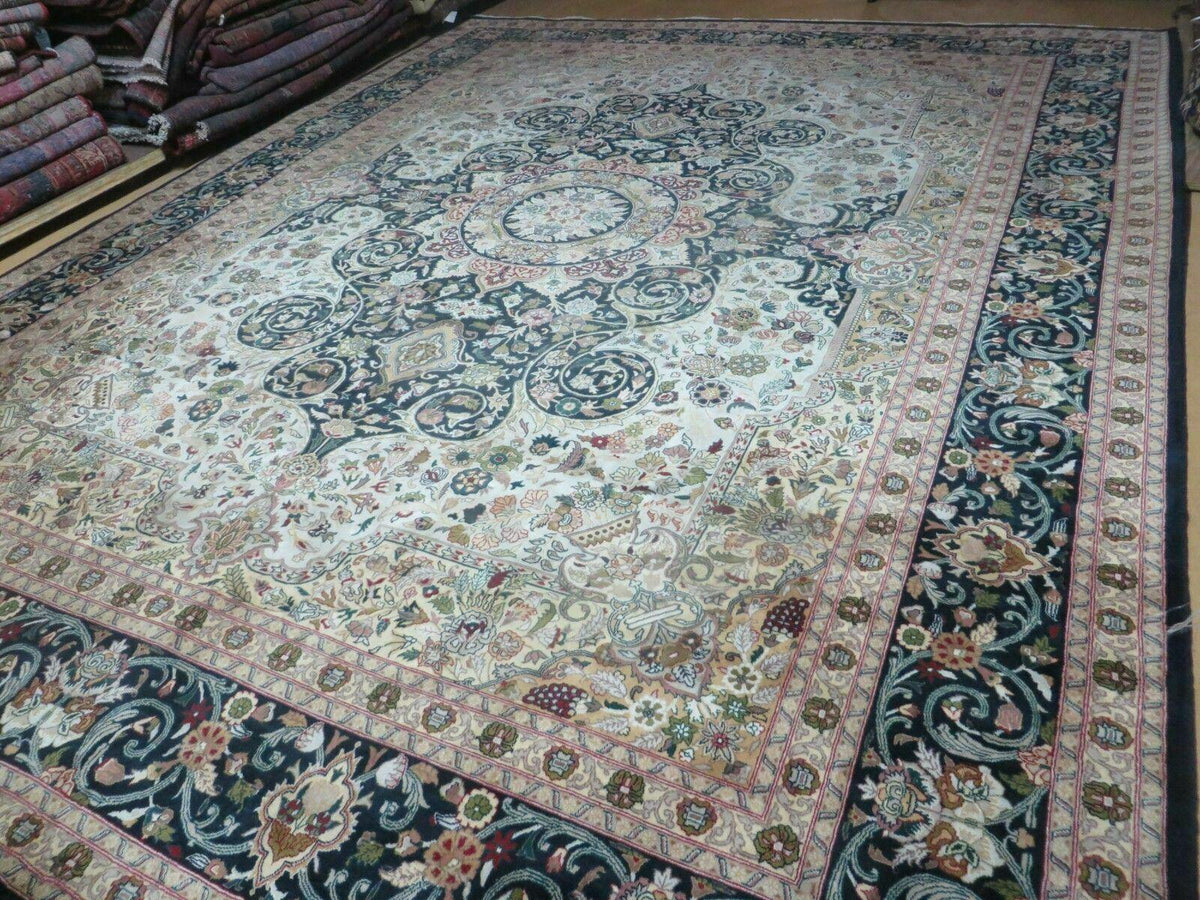 Beautiful Sino Persian Rug 9x12, Elegant High Quality Handmade Wool Oriental Carpet, Medallion with Corner Design, Floral, Black and Ivory - Jewel Rugs, view 2