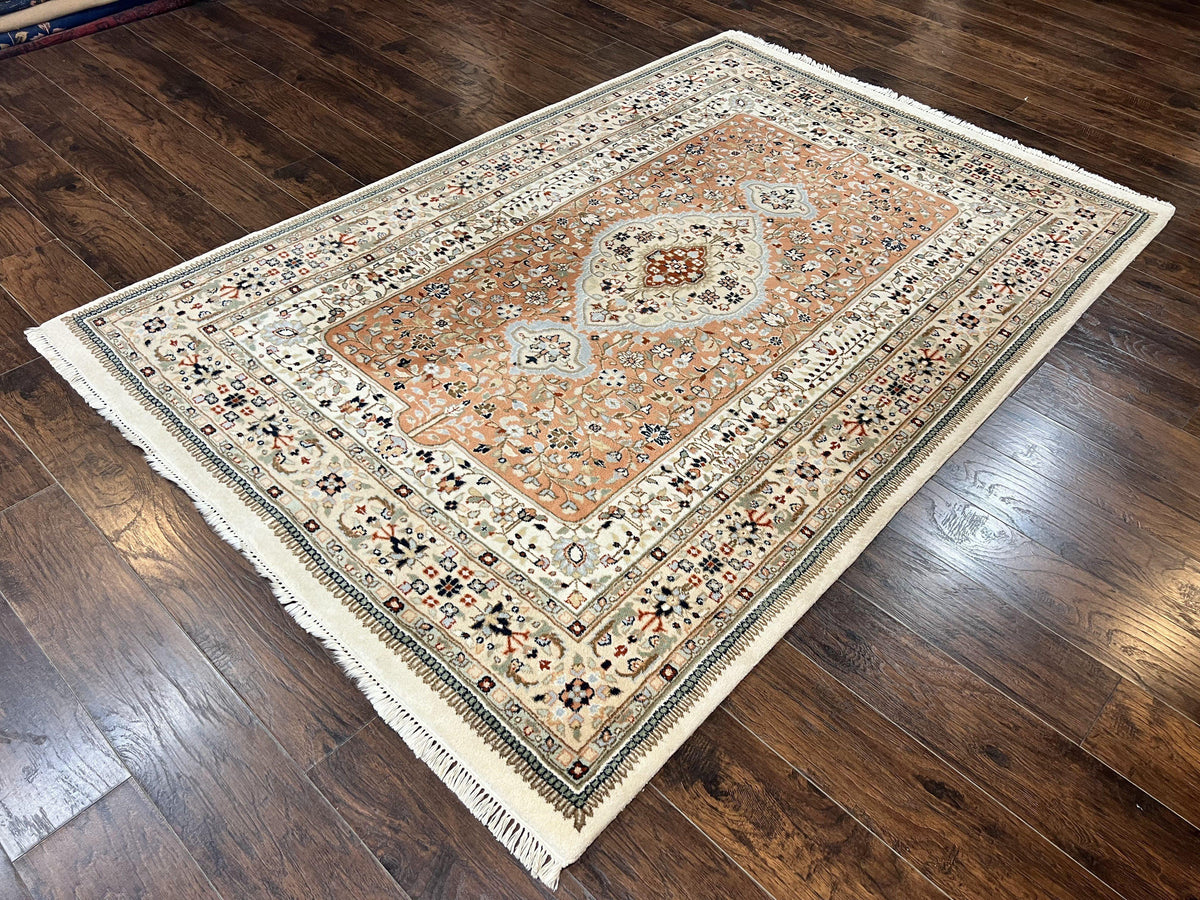 Indo Persian Rug 6x9, Wool Hand Knotted Vintage Carpet, Salmon & Ivory, Traditional Oriental Rug 6 x 9 - Jewel Rugs, view 3