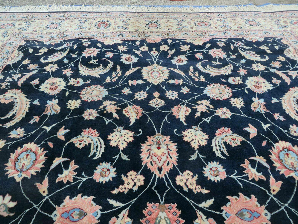 Large Indo Persian Rug 10x14, Wool Hand-Knotted Carpet, Navy Blue Ivory - Jewel Rugs, view 3