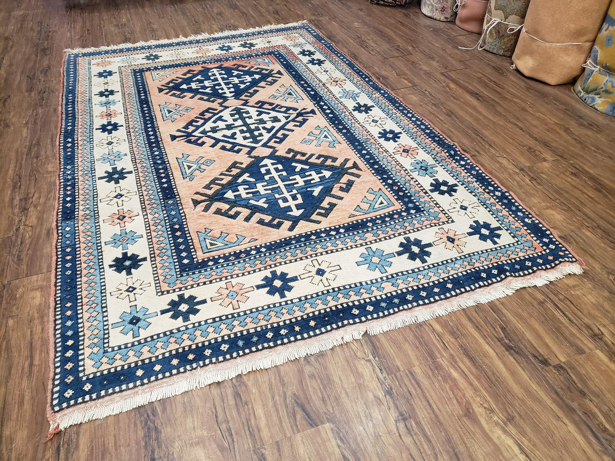 Turkish Kazak Rug 5x8 ft, Bold Geometric Bohemian Carpet, Blue and Ivory Hand Knotted Area Rug, Medium Sized High Quality Wool Oriental Rug - Jewel Rugs, view 12