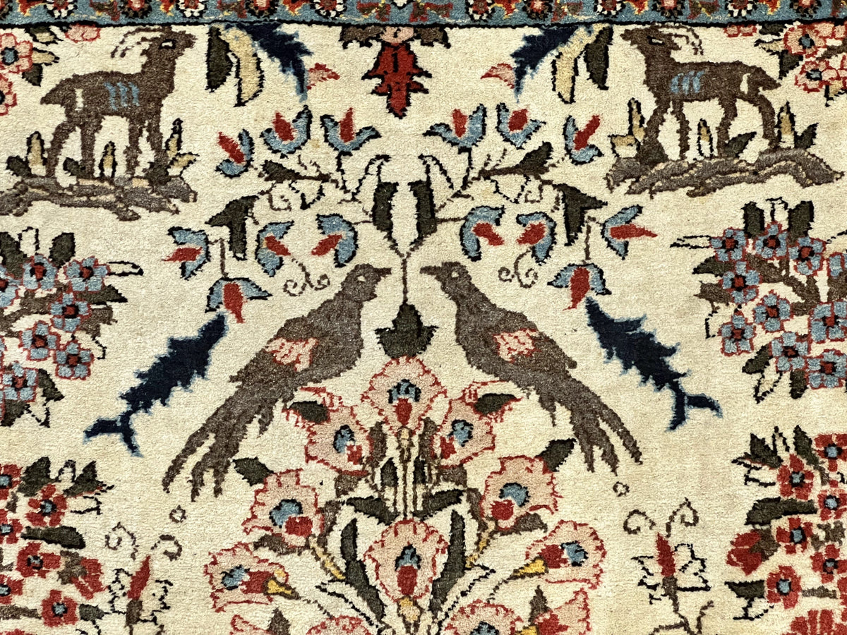 Persian Tree of Life 5x7, Qum Rug, Animal Motifs, Deer Birds, Fine 225 KPSI, Semi Antique Wool Rug, Cream Red - Jewel Rugs, view 12