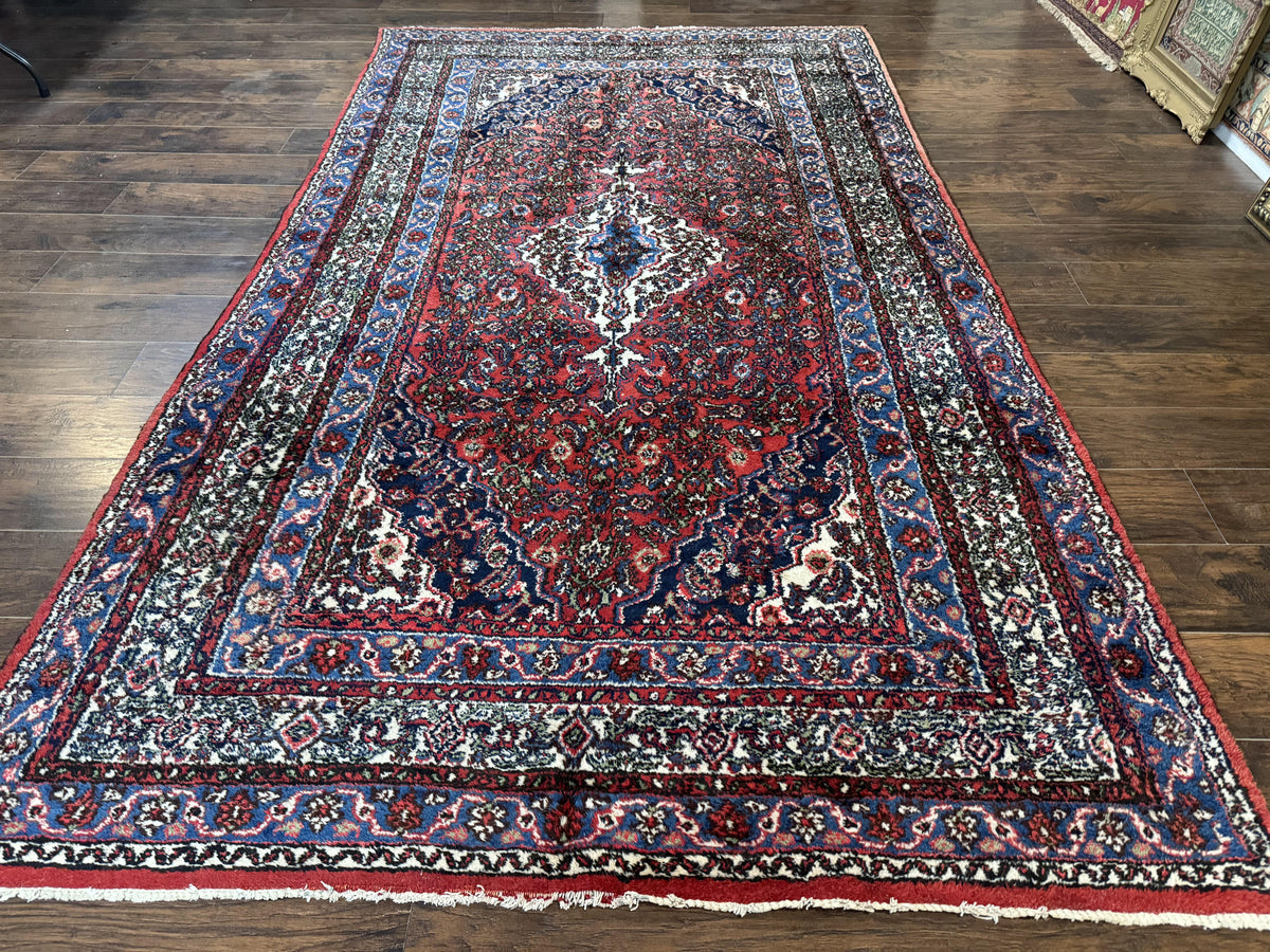 Persian Tribal Rug 6x11, Red Blue Ivory, Antique Persian Carpet, Hamadan Dargazin Carpet - Jewel Rugs, view 2