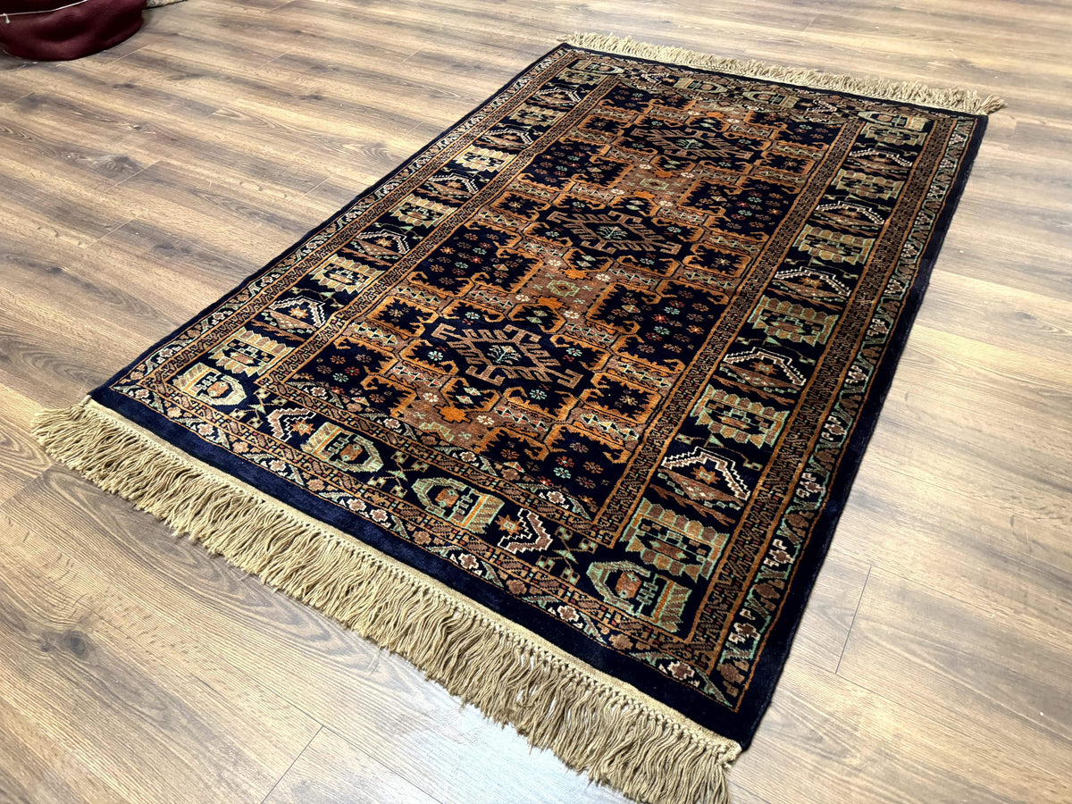 Vintage Afghan Rug 4x6, Navy Blue and Light Brown, Geometric Medallions, Wool on Wool, Tribal Rug - Jewel Rugs, view 3