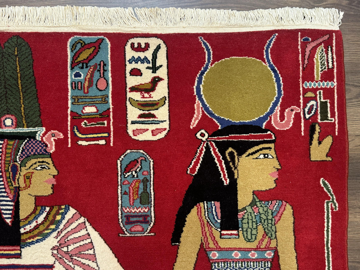 Egyptian Pictorial Rug 3x4, Hieroglyphic Pictorial Rug, Egyptian Prince and Princess, Cleopatra, Vintage Handmade, Red - Jewel Rugs, view 8