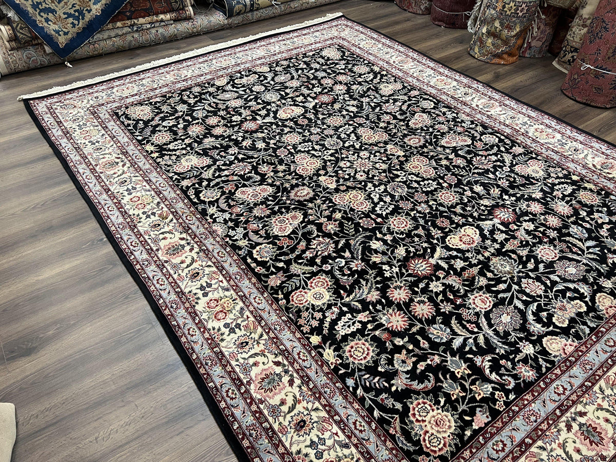 Pak Persian Rug 9x12, Floral Allover, Hand Knotted Oriental Carpet 9 x 12 ft, Black and Cream, Detailed, Wool with Silk Highlights, Vintage - Jewel Rugs, view 12