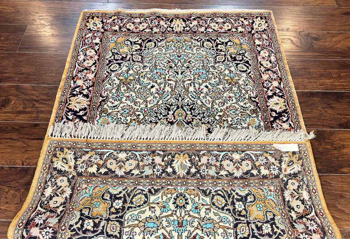 Silk Persian Qum Rug 4x5, Hand Knotted Vintage Carpet, Cream & Navy Blue, Silk Pile on Silk Foundation, Very Fine 360 KPSI - Jewel Rugs, view 11