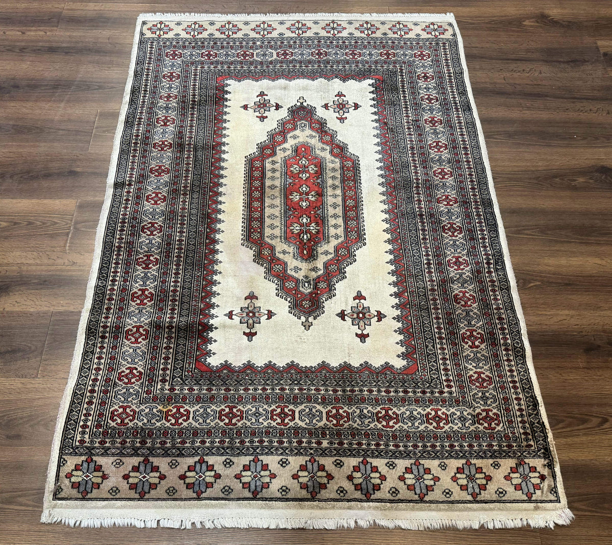 Pakistani Turkoman Rug 4x6, Semi Open Field, Ivory, Vintage - Jewel Rugs, view 2