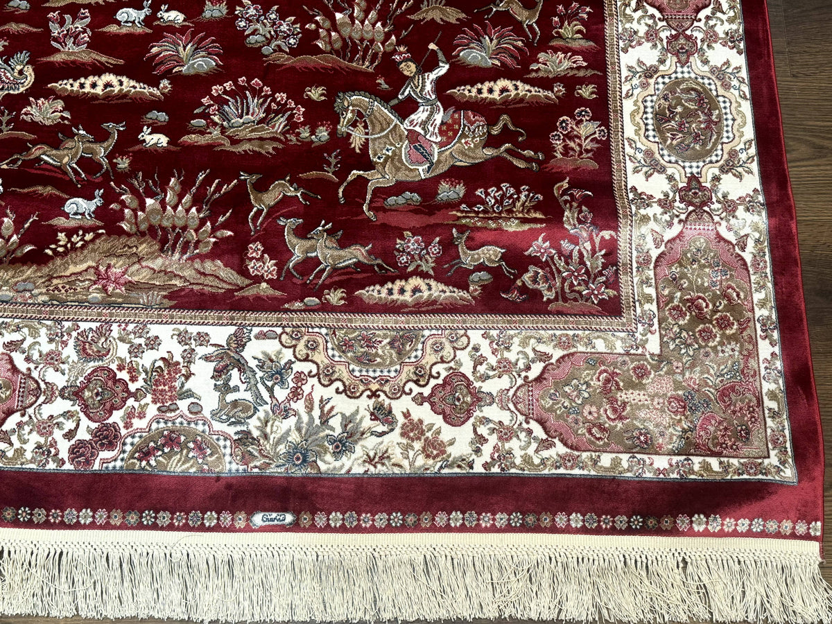 Turkish Silk Hunting Design Rug 4x6, Dark Red & Ivory, Bamboo Silk, New - Jewel Rugs, view 8