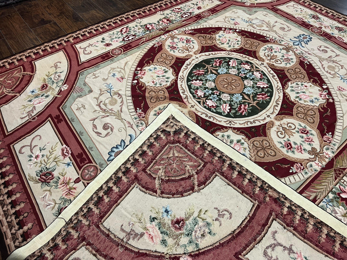 Needlepoint Rug 7.9 x 9, Beige Maroon Rose, Handmade Handwoven Flatweave Aubusson Savonnerie French European Elegant Carpet, Wool Rug - Jewel Rugs, view 11