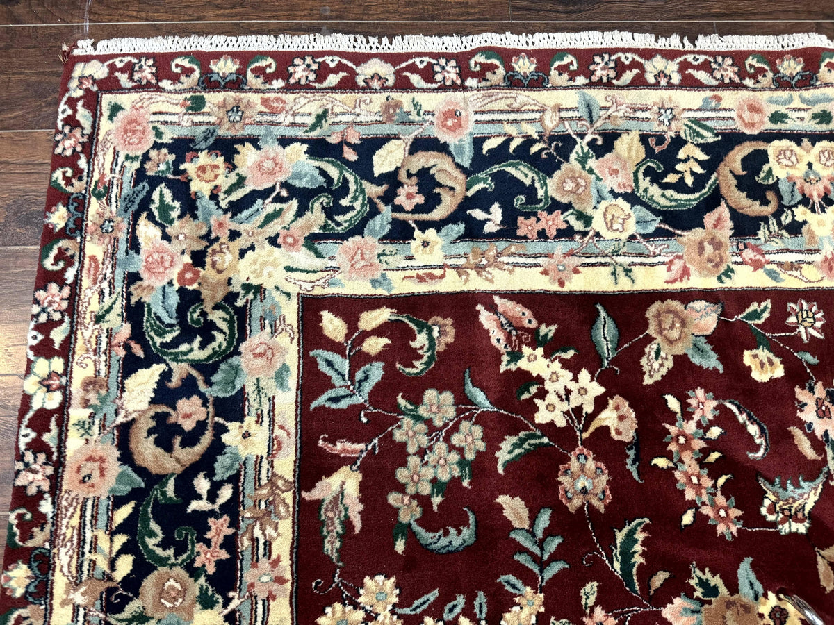 Indo Persian Rug 8x10, Floral Allover with Bird Pictorials, Maroon and Navy Blue, Handmade Wool Area Rug - Jewel Rugs, view 7