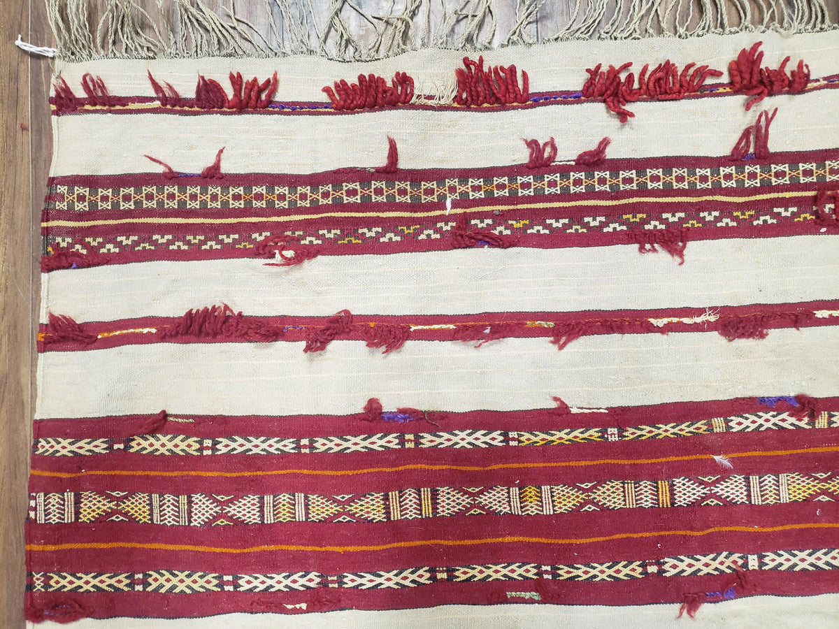 Antique Turkoman Yamud Rug 3x5 ft, 1920s Turkmen Sofreh Table Cover, Bohemian Rug, Tribal Collectible, Striped Rug, Handmade Ivory and Red - Jewel Rugs, view 7