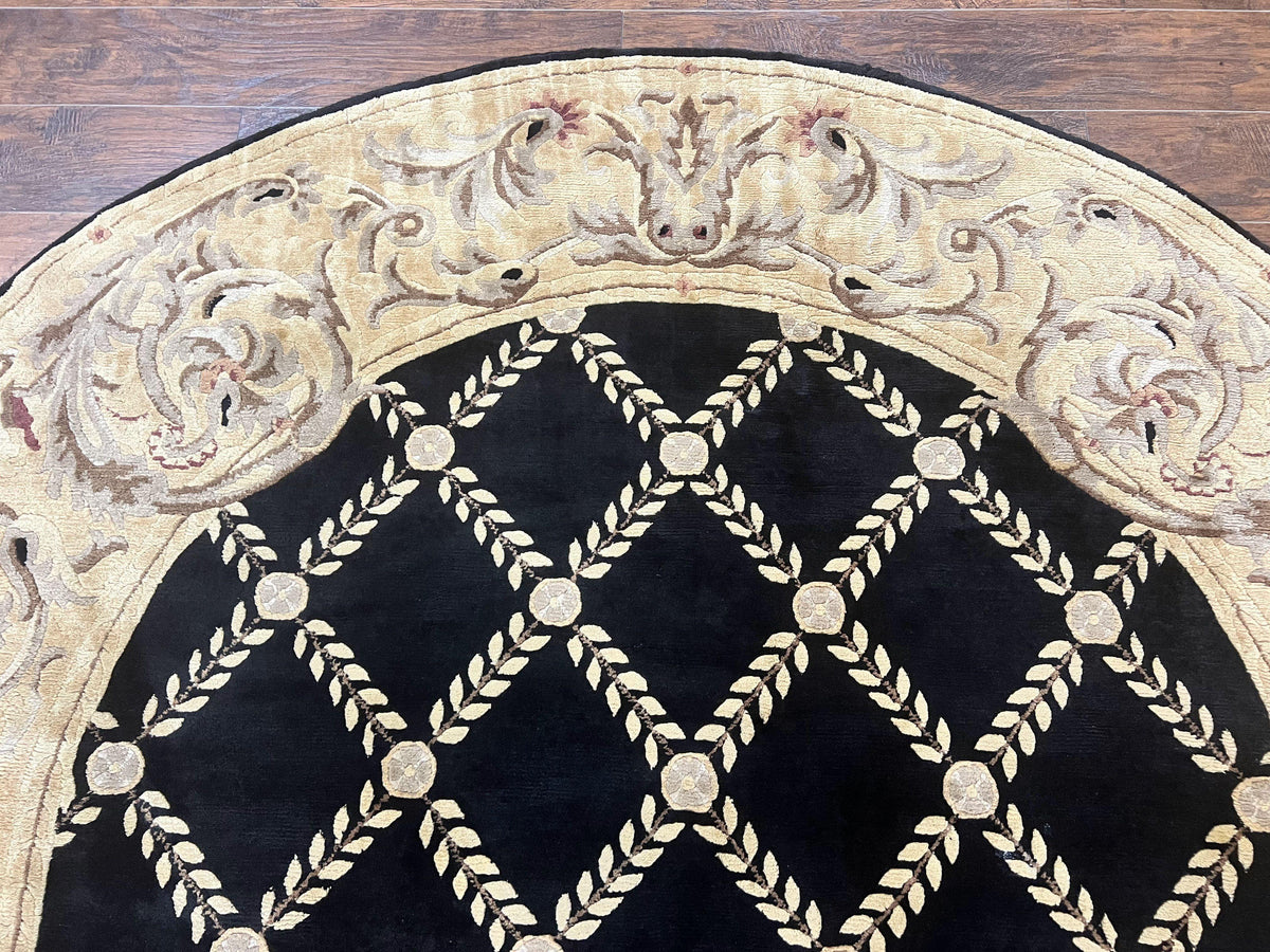 Oval Tibetan Rug 8x10, French Aubusson Design, Wool Handmade Vintage Carpet, Black & Beige, Soft Wool Pile - Jewel Rugs, view 4