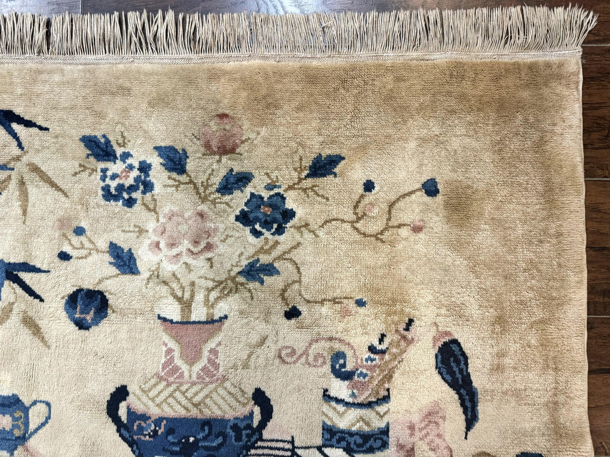 Chinese Rug 5x3, Horizontal Rug, Vases Flowers, Handmade Antique Vintage Carpet, Peking Rug, Chinese Wool Rug - Jewel Rugs, view 7