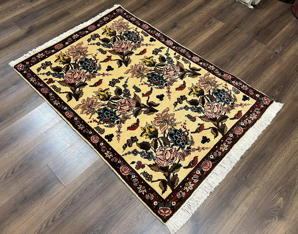 Persian Bidjar Rug 3.6 x 5 ft, Repeated Floral Motifs, Roses and Birds, Cream Burgundy, Fine Wool Oriental Bijar Carpet, Vintage Traditional Area Rug - Jewel Rugs, view 13