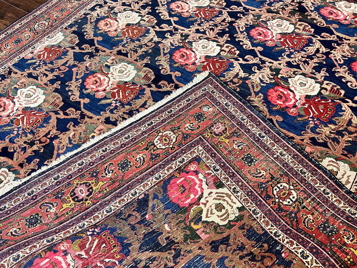 Persian Bidjar Rug 8x11, Floral Bouquets, Blue Black Red Pink, Handmade Hand Knotted Vintage Semi Antique Oriental Carpet - Jewel Rugs, view 11