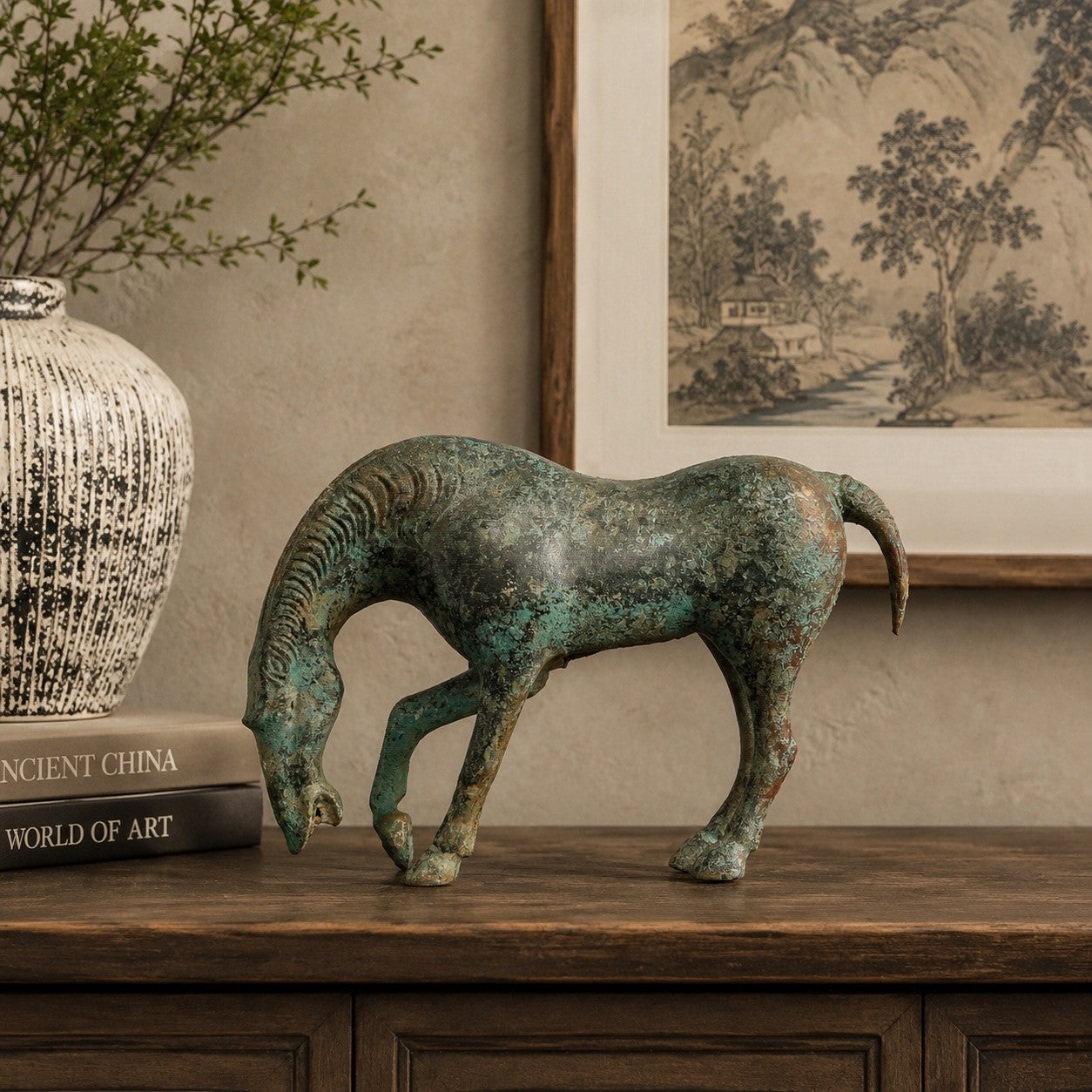 Bronze Green Drinking Horse (Vintage style, color vary) 15.7X4.7X8.6H