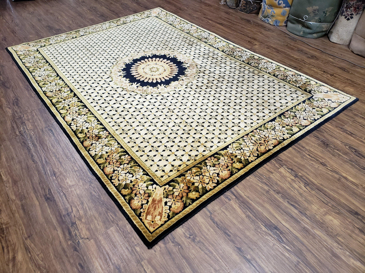 Indian Rug with Tibetan Weave, 6x8 - 6x9 Rugs, Indo-Tibetan Rug, Black and Cream Beige Tan, Floral Border, Soft Rug, Handmade Area Rug, Wool - Jewel Rugs, view 3
