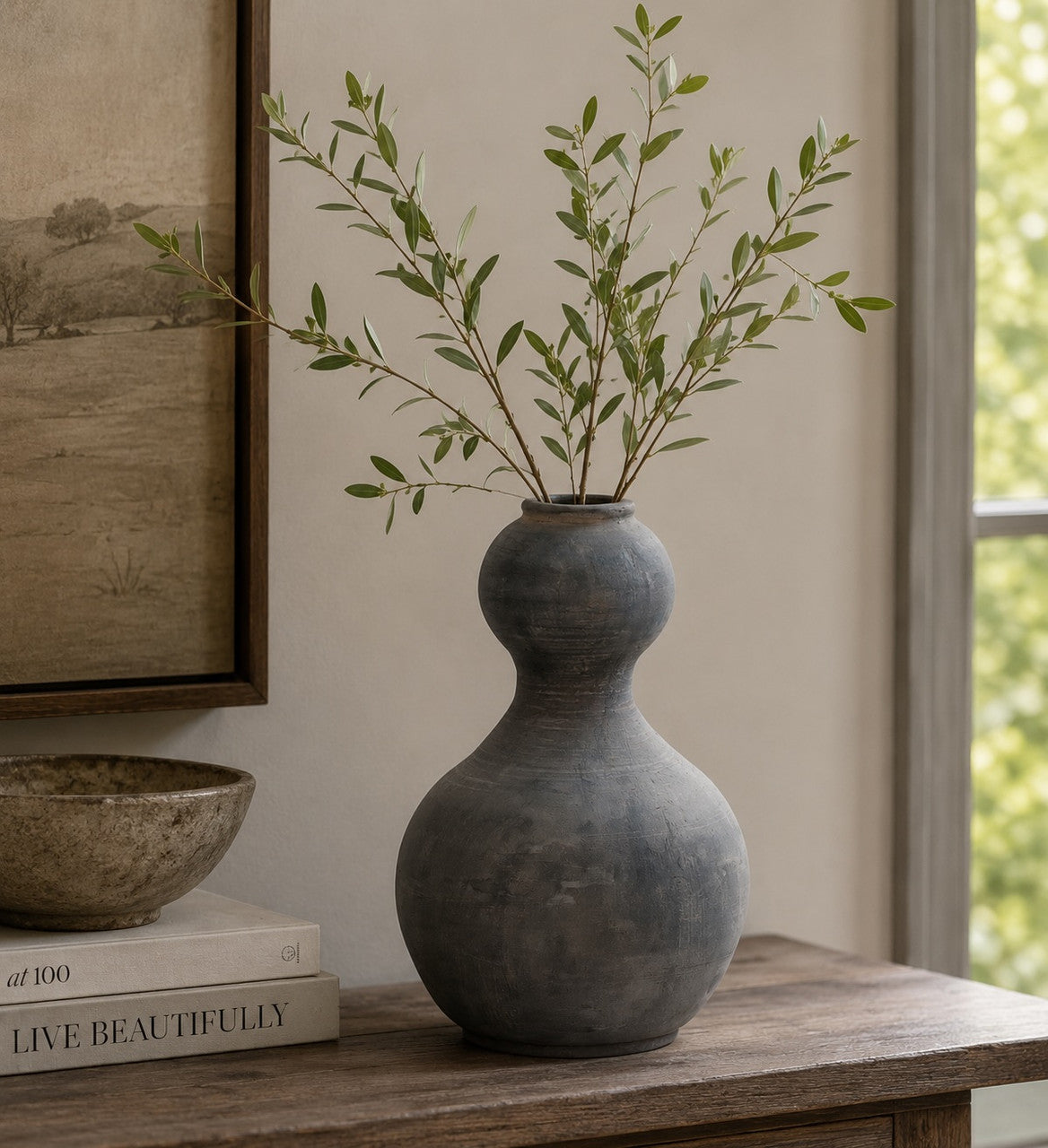 13" Earthy Gray pottery gourd-shaped vase (finish varies no two are the same)