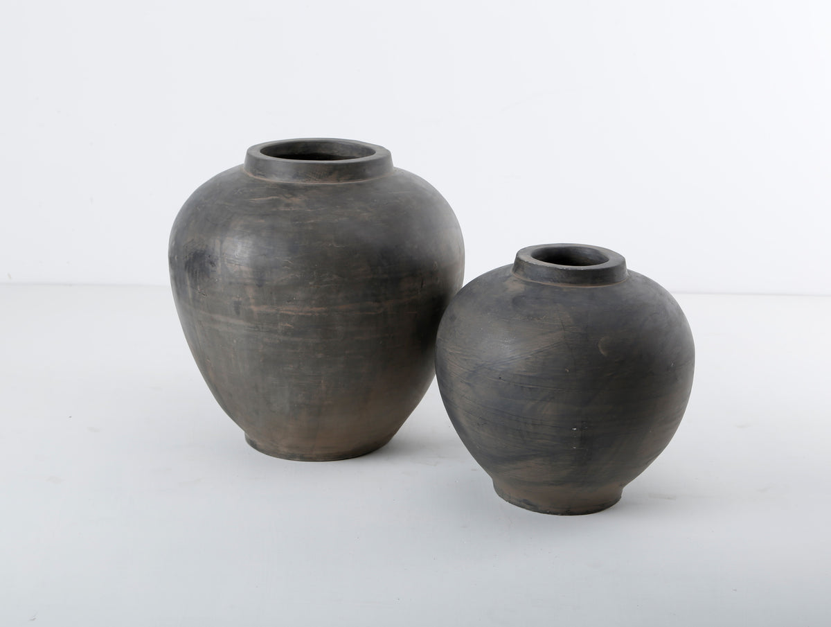 10" Earthy Gray Pottery Pot Apple-Shape Small