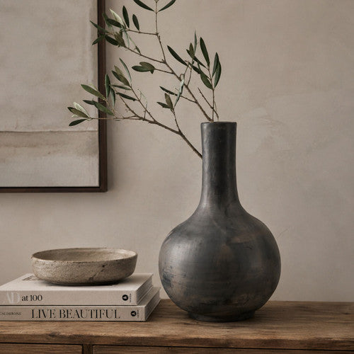 Approx. 16" High Earthy Gray Pottery Globular Vase (finish varies no two are the same) image 2