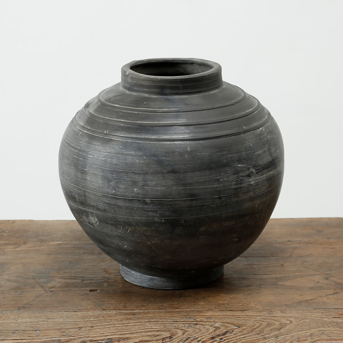 Approx 11" Earthy Gray Round Vase with Three Lines
